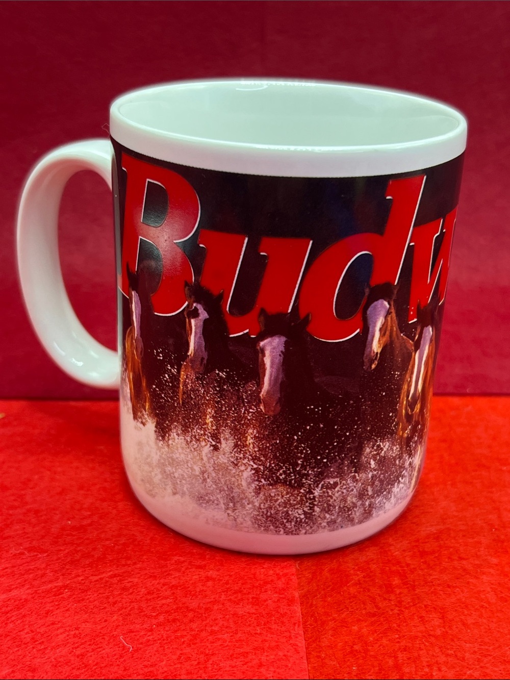 Budweiser Red and White Ceramic Mug with Galloping Horse Graphic